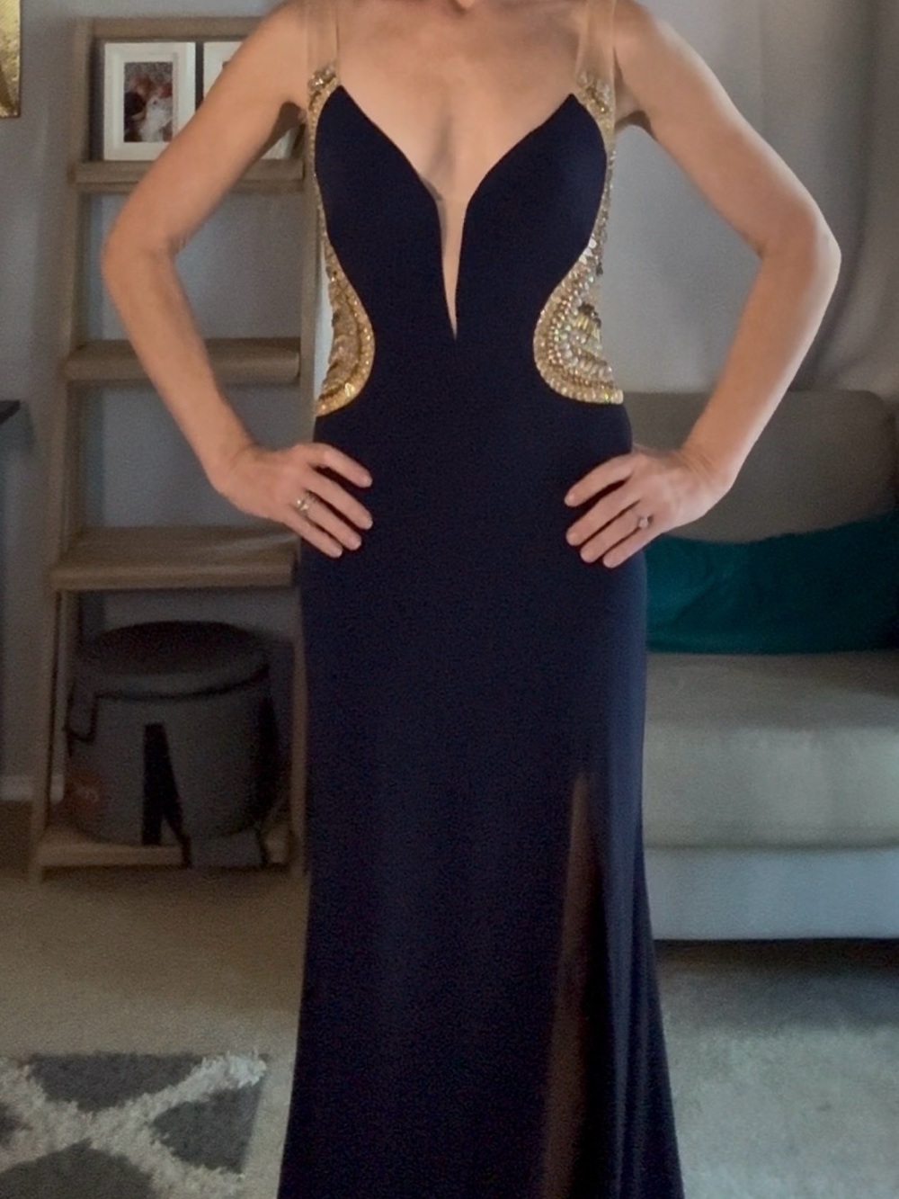 Terani Couture Navy Gown with Gold Beaded Accents